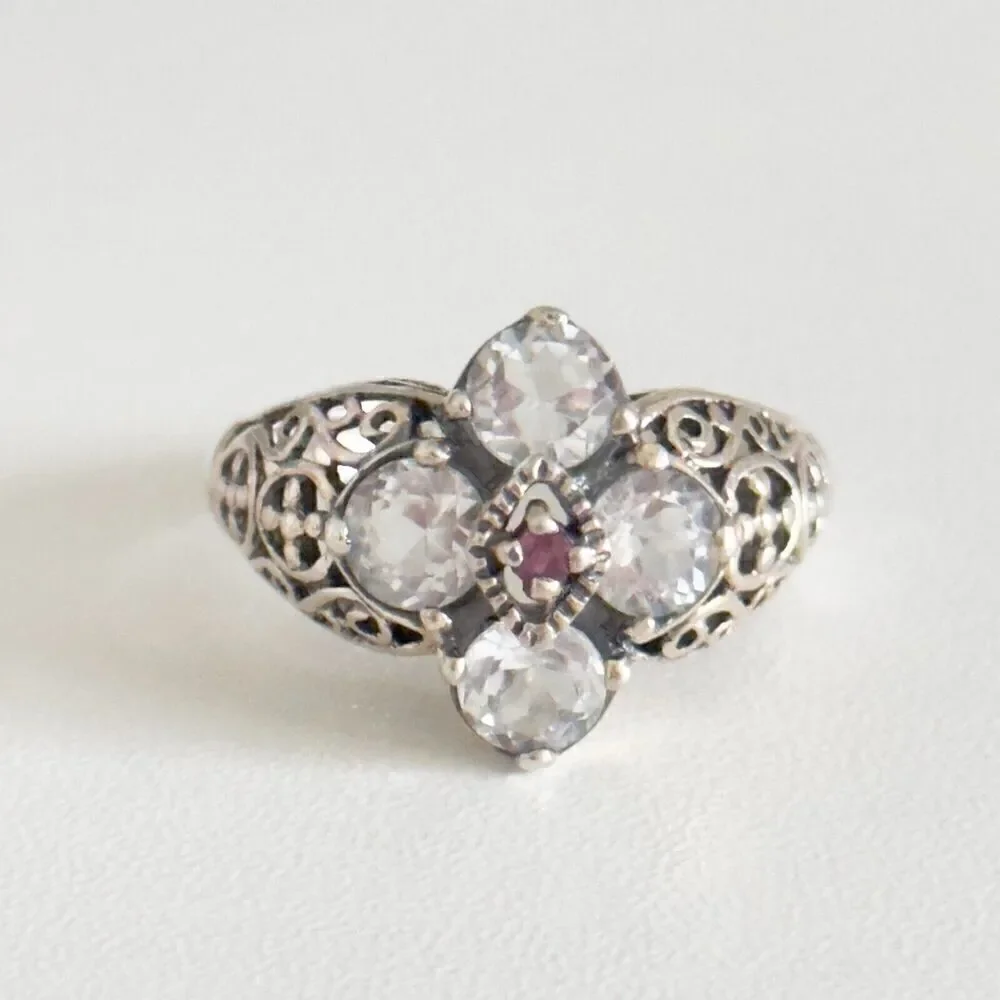 CNA Designer 925 Sterling Silver White Topaz & Ruby Filigree Flower Ring Size 8